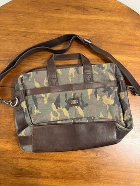 Camo Canvas Messenger Bag with Brown Leather Trim